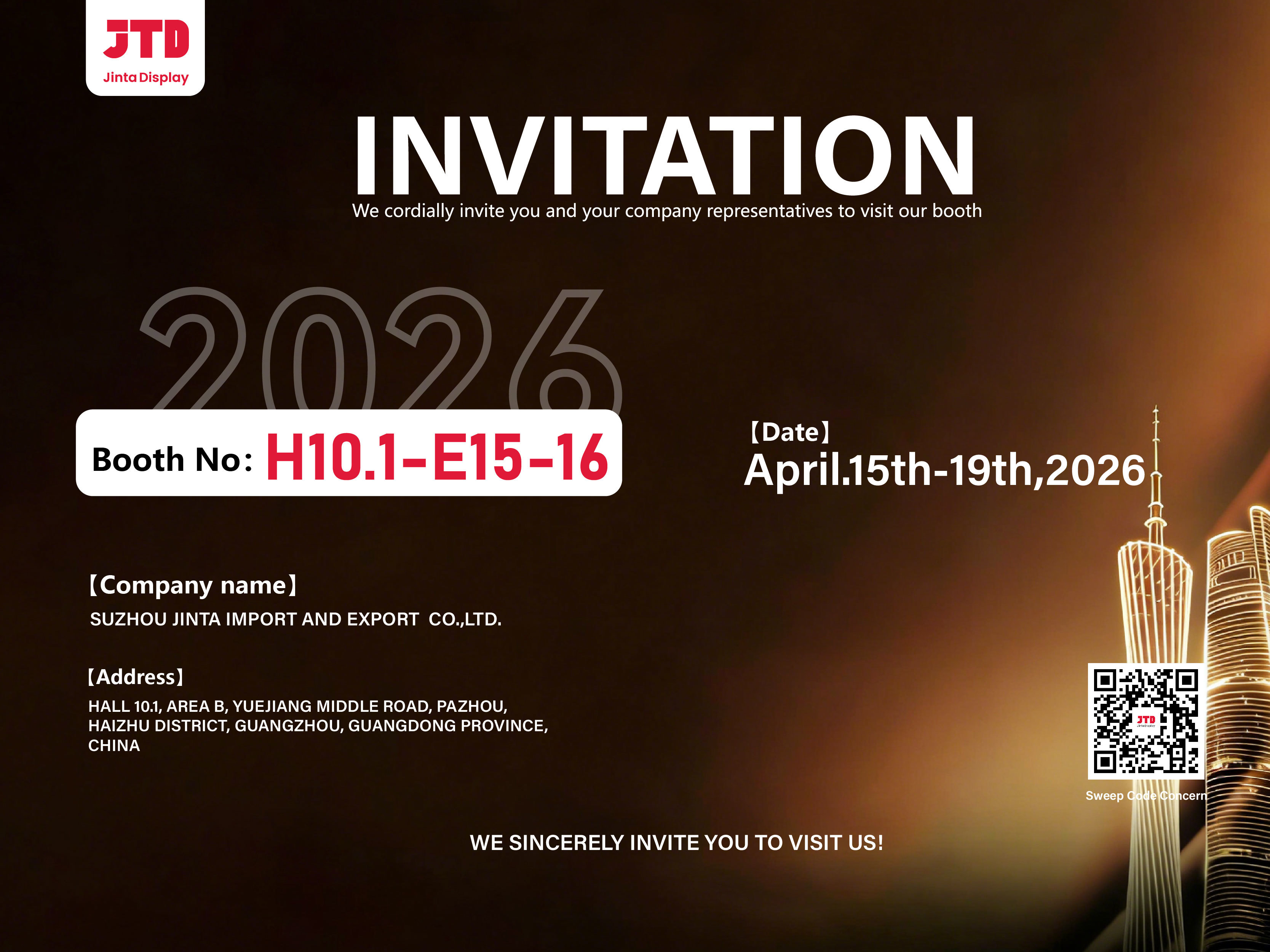 Последние блоги о компании Компания Suzhou Jinta Import & Export Co., Ltd. искренне приглашает вас посетить наш стенд на 139-й Кантонской ярмарке.